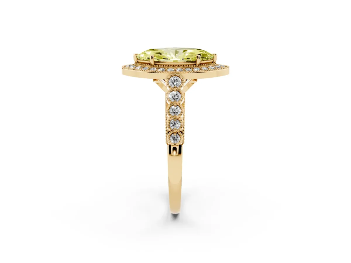 Fancy Yellow Marquise Cut Halo Milgrain Solitaire with Bezel Set Side Stones and Pave Band Yellow gold