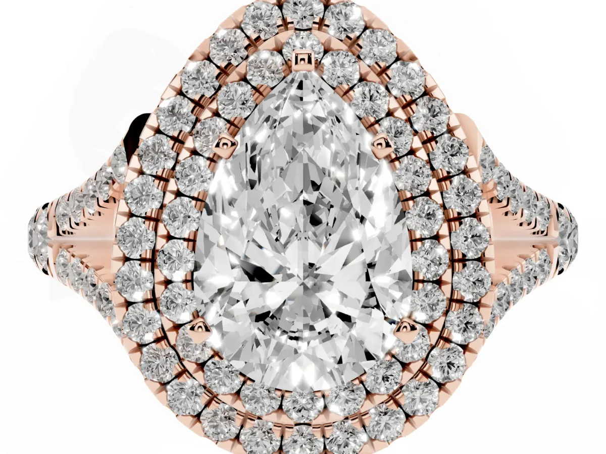 Pear Cut Cut Double Halo Split Shank Diamond Ring with Prong Setting Rose gold