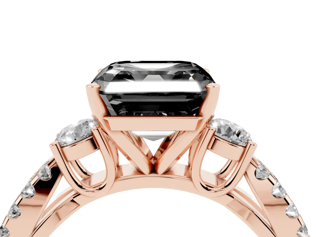 Fancy Black Asscher Cut Diamond Three-Stone Ring with Pavé Split Shank and Four-Prong Setting Rose gold