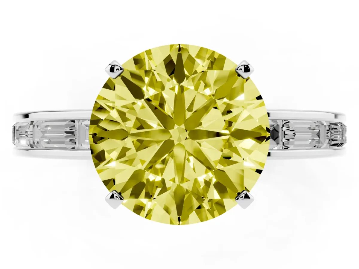 Fancy Yellow Round Cut Solitaire Diamond Ring with Channel-Set Baguette Band and Four-Prong Setting White gold