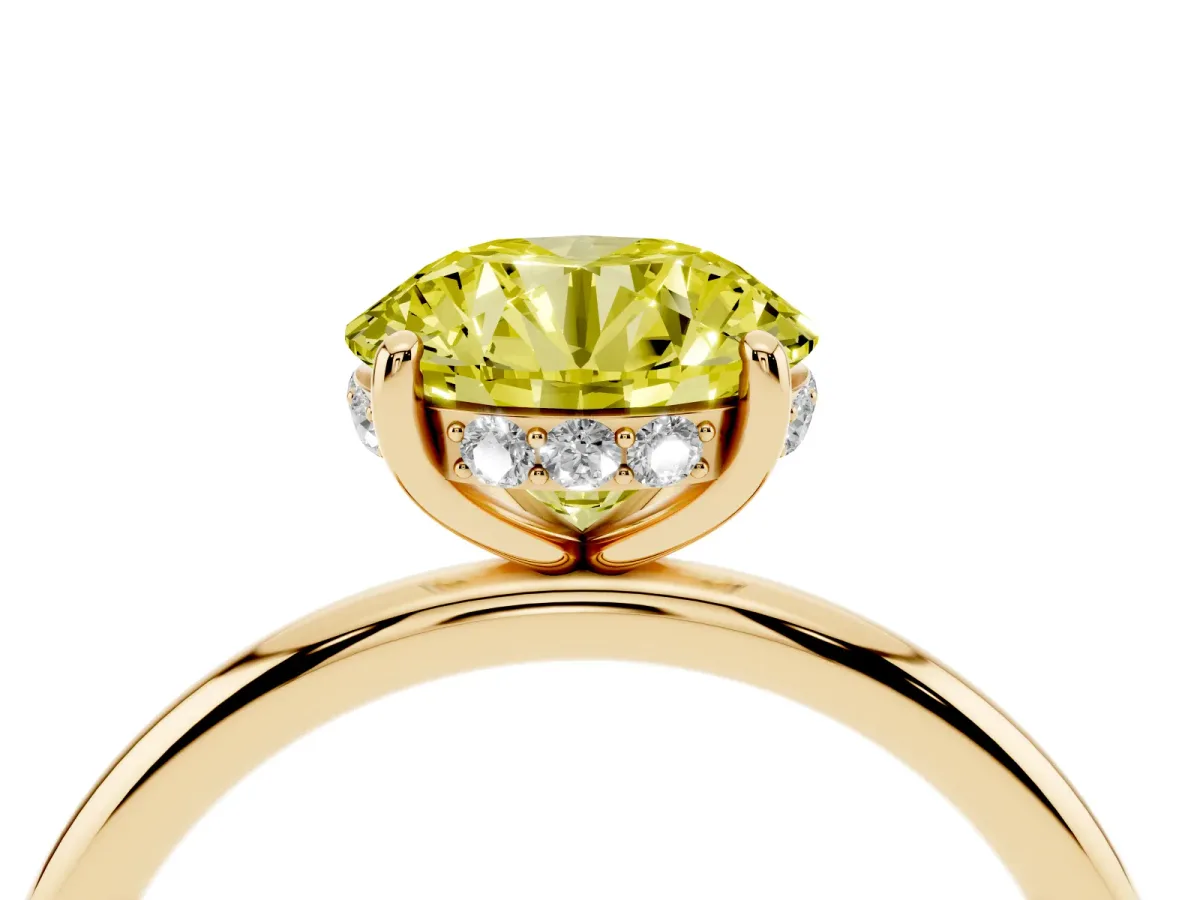 Fancy Yellow Round Cut Solitaire Diamond Ring with a Classic Band and Four-Prong Setting Yellow gold