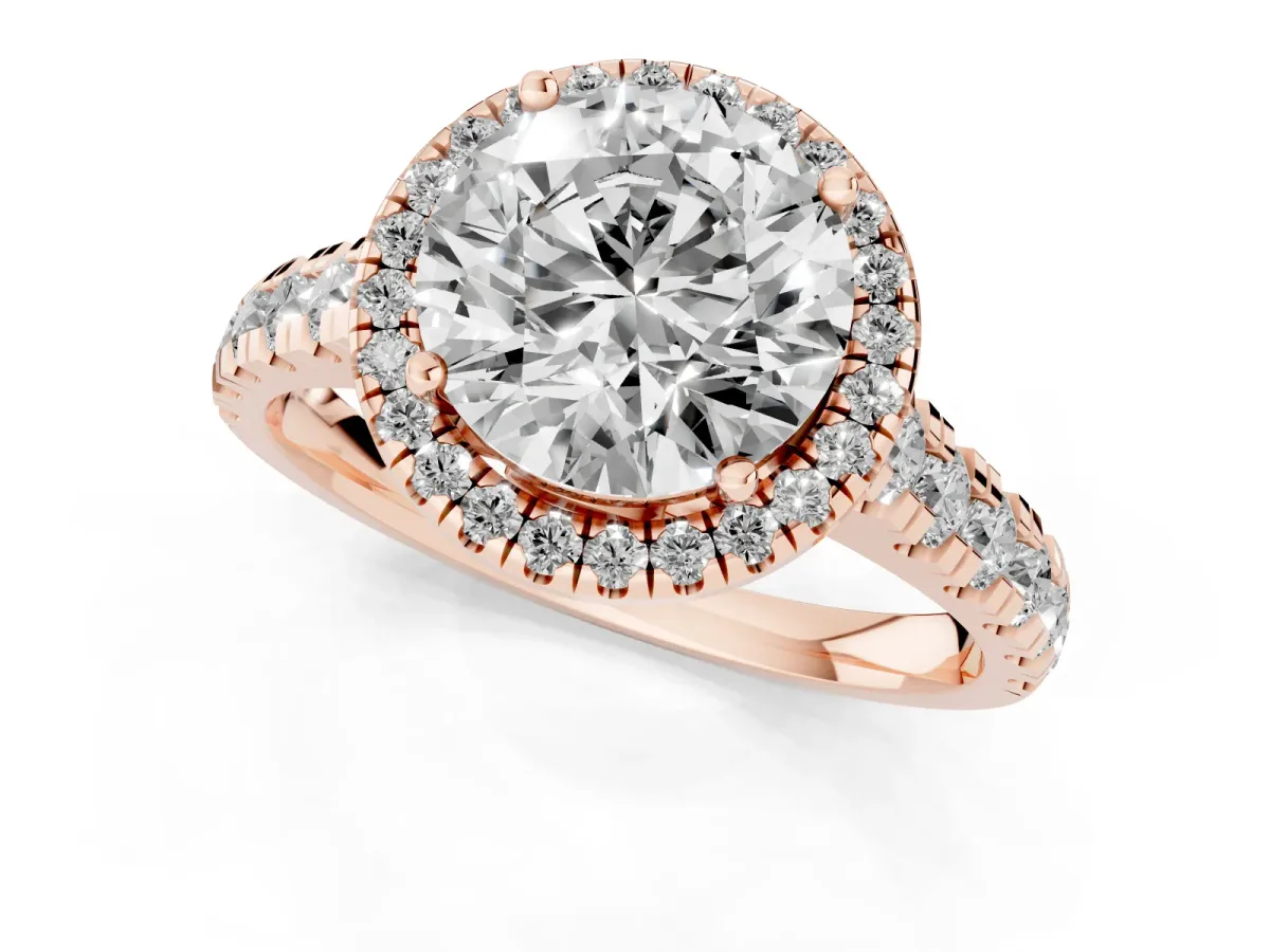 Round Cut Halo Pavé Diamond Engagement Ring with Four-Prong Setting Rose gold