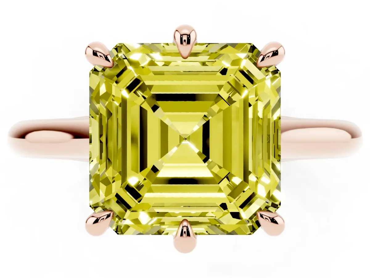 Fancy Yellow Asscher Cut Solitaire Engagement Ring with Six-Prong Setting and Classic Band Rose gold