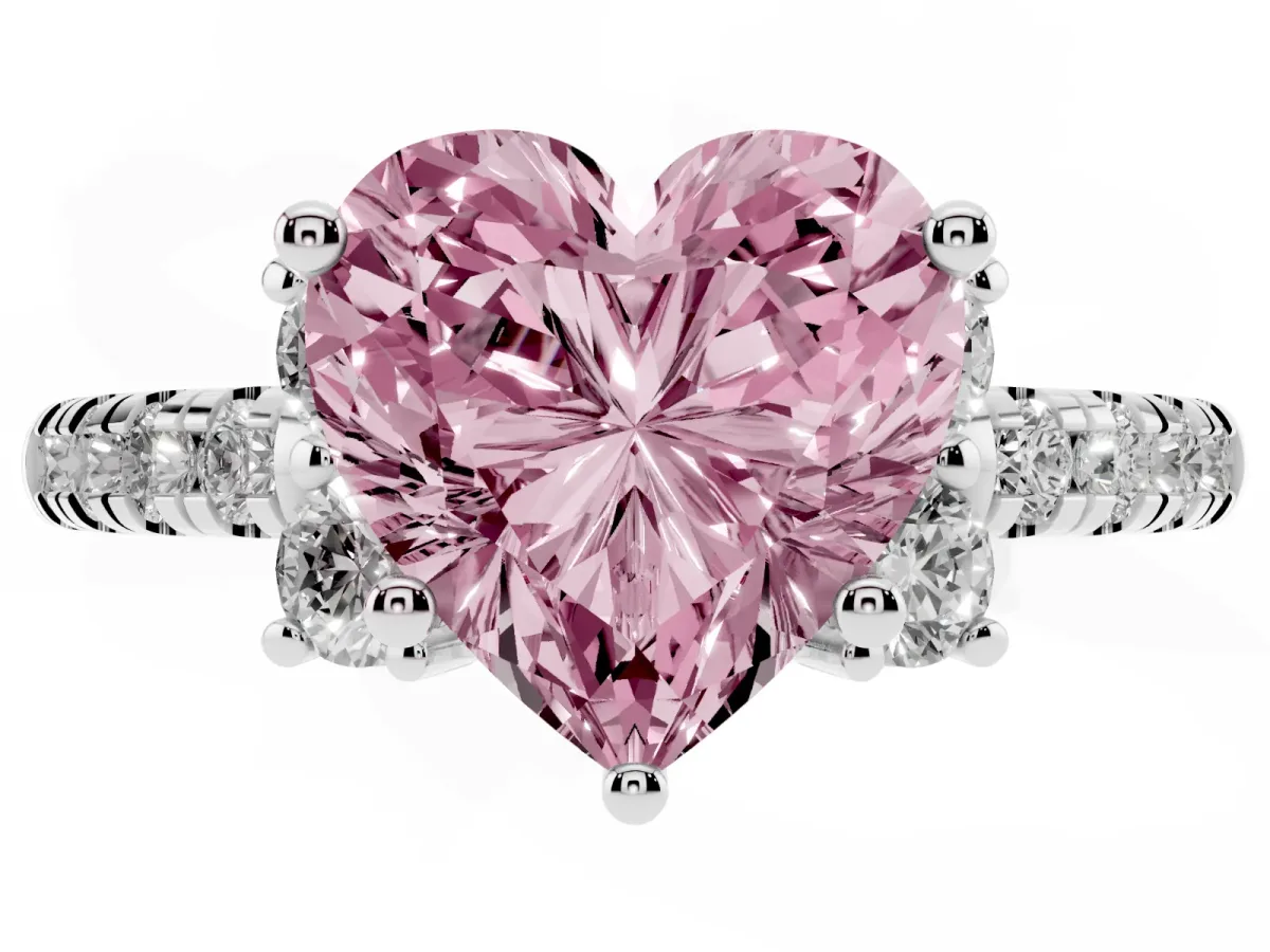 Fancy Pink Heart Cut Diamond Three-Stone Pave Band with Four-Prong Setting Silver