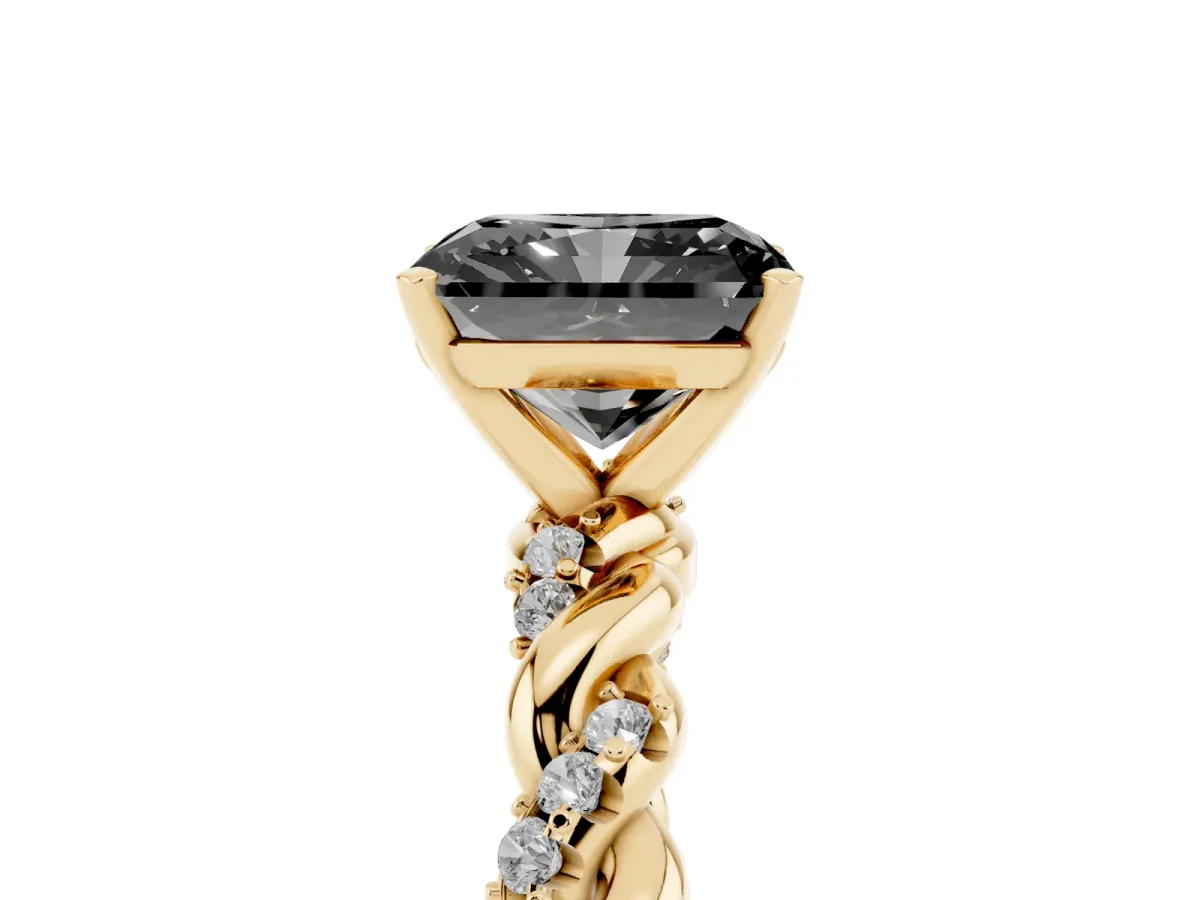Fancy Black Radiant Cut Diamond Solitaire Ring with Twisted Band and Pavé Accents Yellow gold