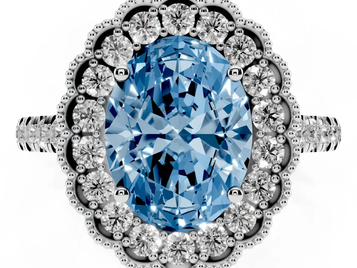 Fancy Blue Oval Cut Cut Diamond Milgrain Floral Halo Engagement Ring with Pavé Band White gold