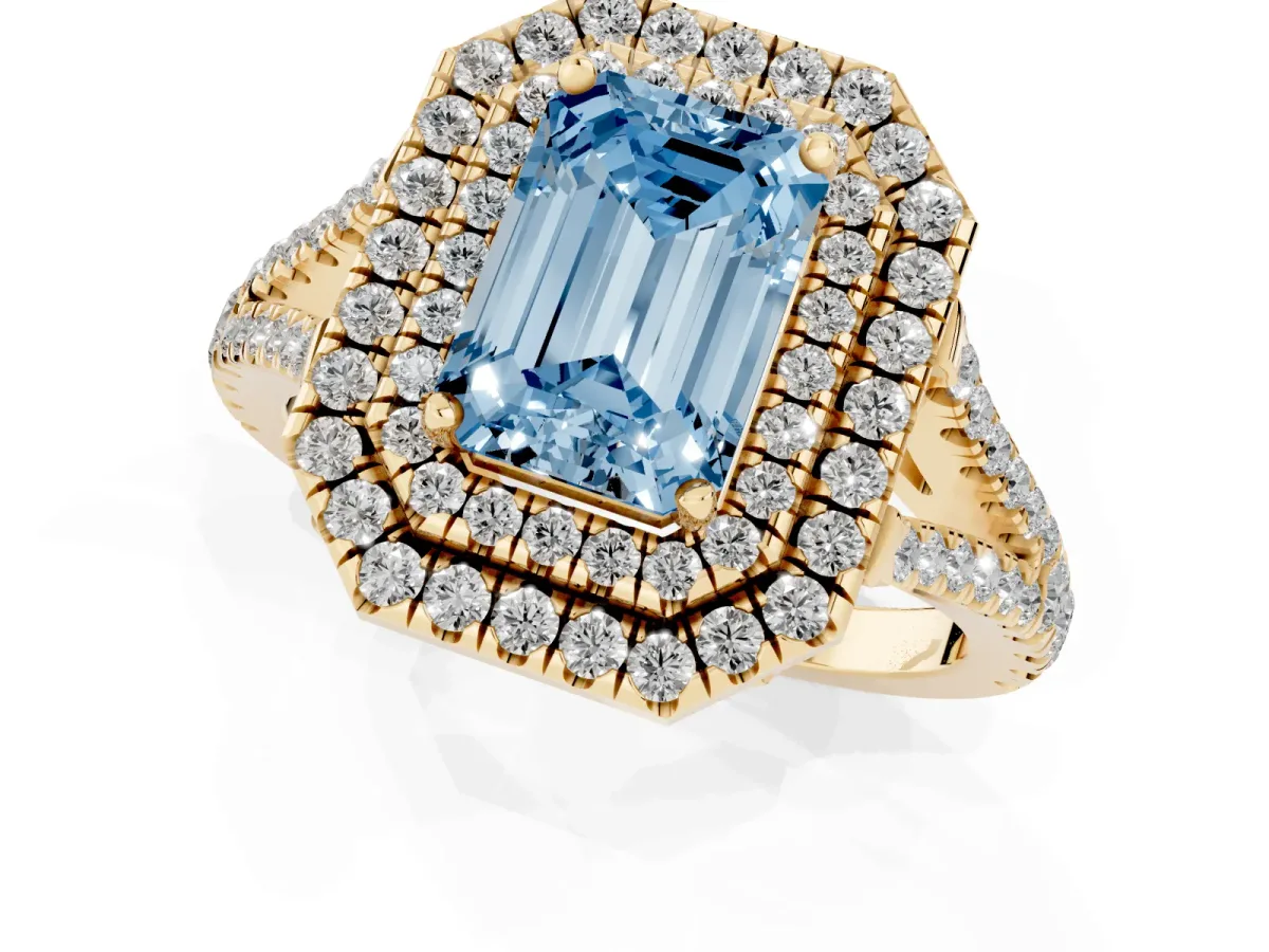Fancy Blue Emerald Cut Diamond Double Halo Ring with Pavé Band and Prong Setting Yellow gold