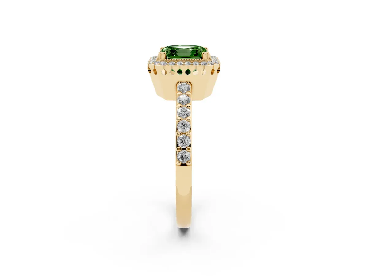 Fancy Green Asscher Cut Cut Diamond Halo Engagement Ring with Milgrain Detail and Pavé Band Yellow gold