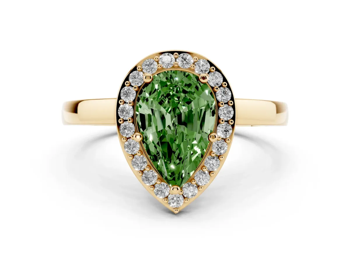Fancy Green Pear Cut Halo Diamond Ring with Solitaire Band and Prong Setting Yellow gold