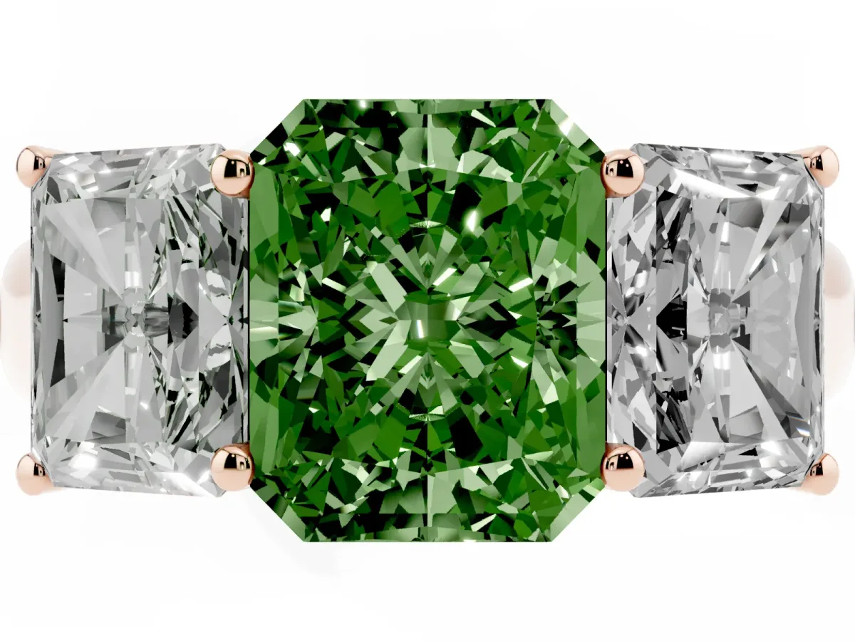Fancy Green Radiant Cut Three-Stone Diamond Ring with Prong Setting on a Classic Band Rose gold