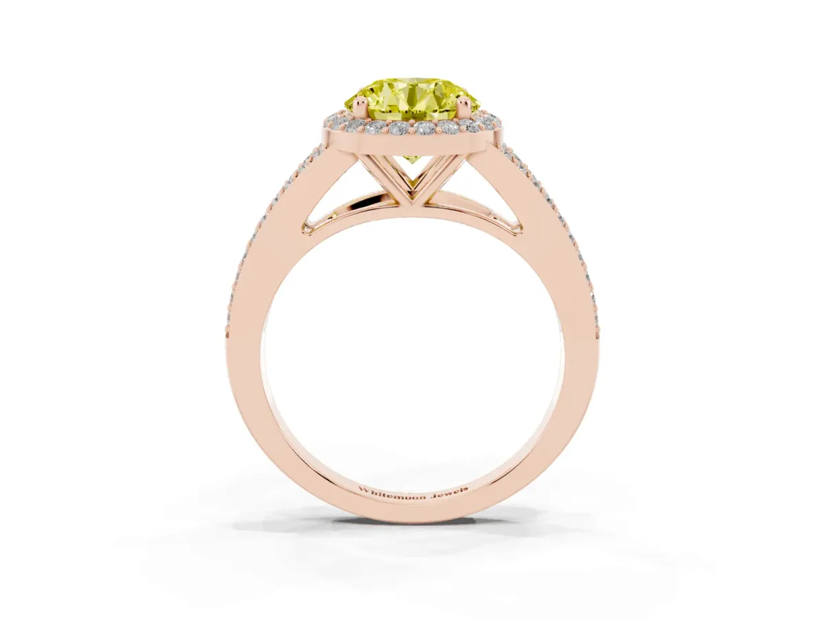 Fancy Yellow Round Cut Halo Split Shank Diamond Ring with Prong Setting Rose gold