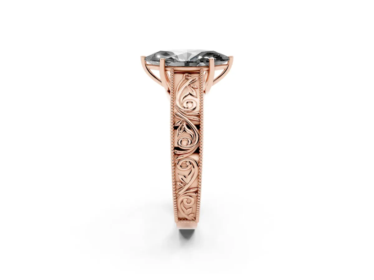 Fancy Black Marquise Cut Diamond Solitaire Ring with Engraved Band and Four-Prong Setting Rose gold