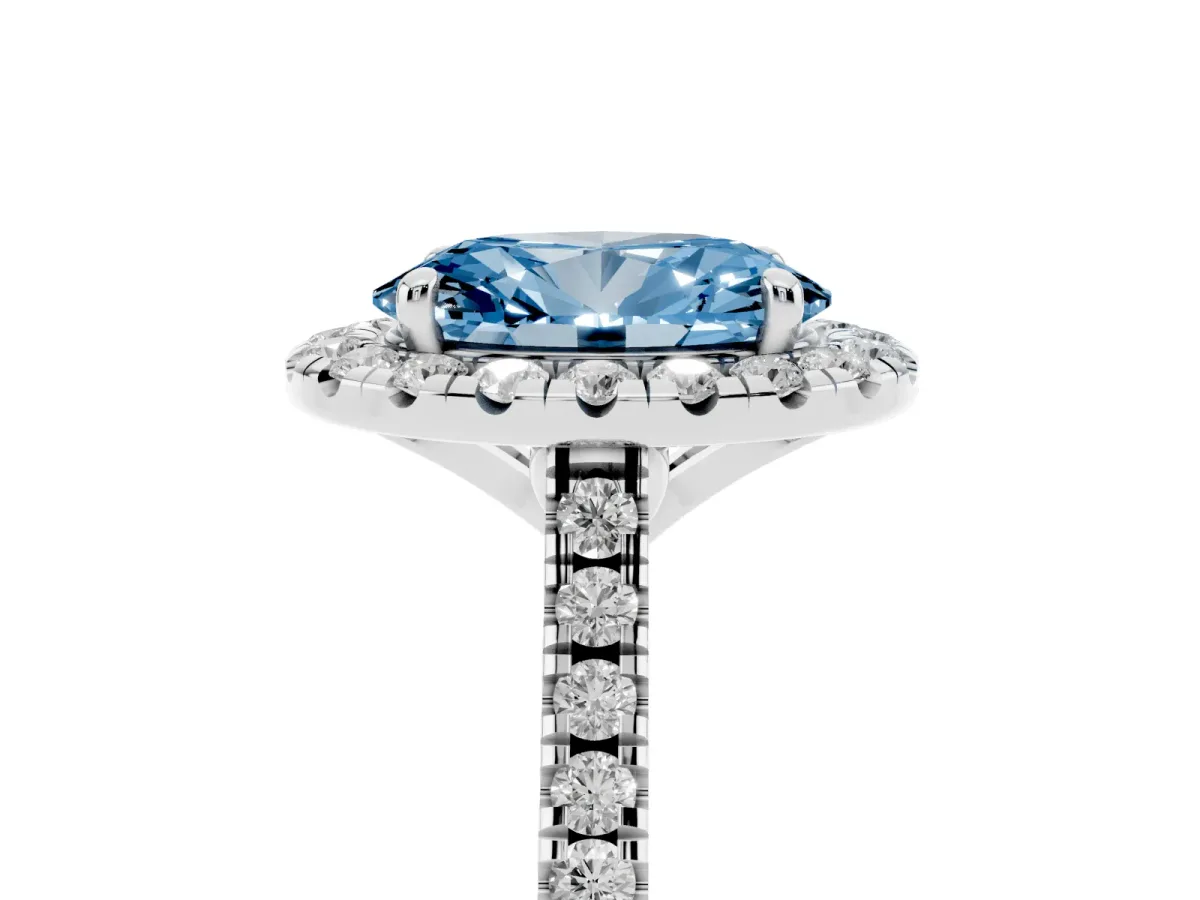 Fancy Blue Oval Cut Diamond Cushion Halo Ring with Pavé Band Silver