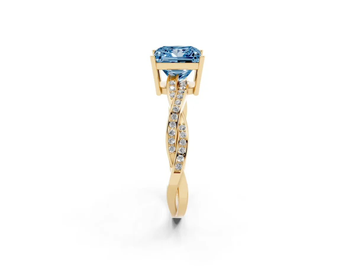 Fancy Blue Princess Cut Solitaire Twisted Pave Diamond Ring with Four-Prong Setting Yellow gold