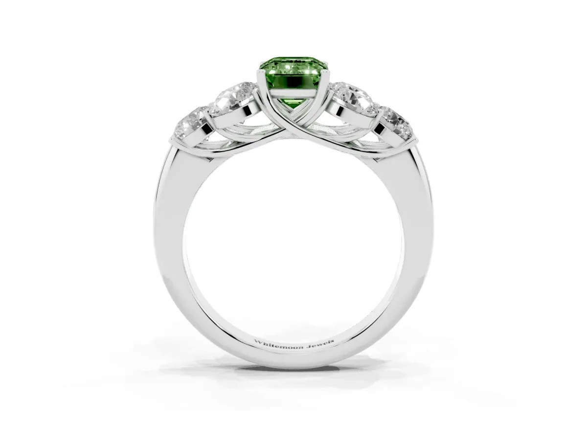 Fancy Green Emerald Cut Cut Diamond Cluster Ring with Round Accent Stones and Prong Setting on a Classic Band White gold