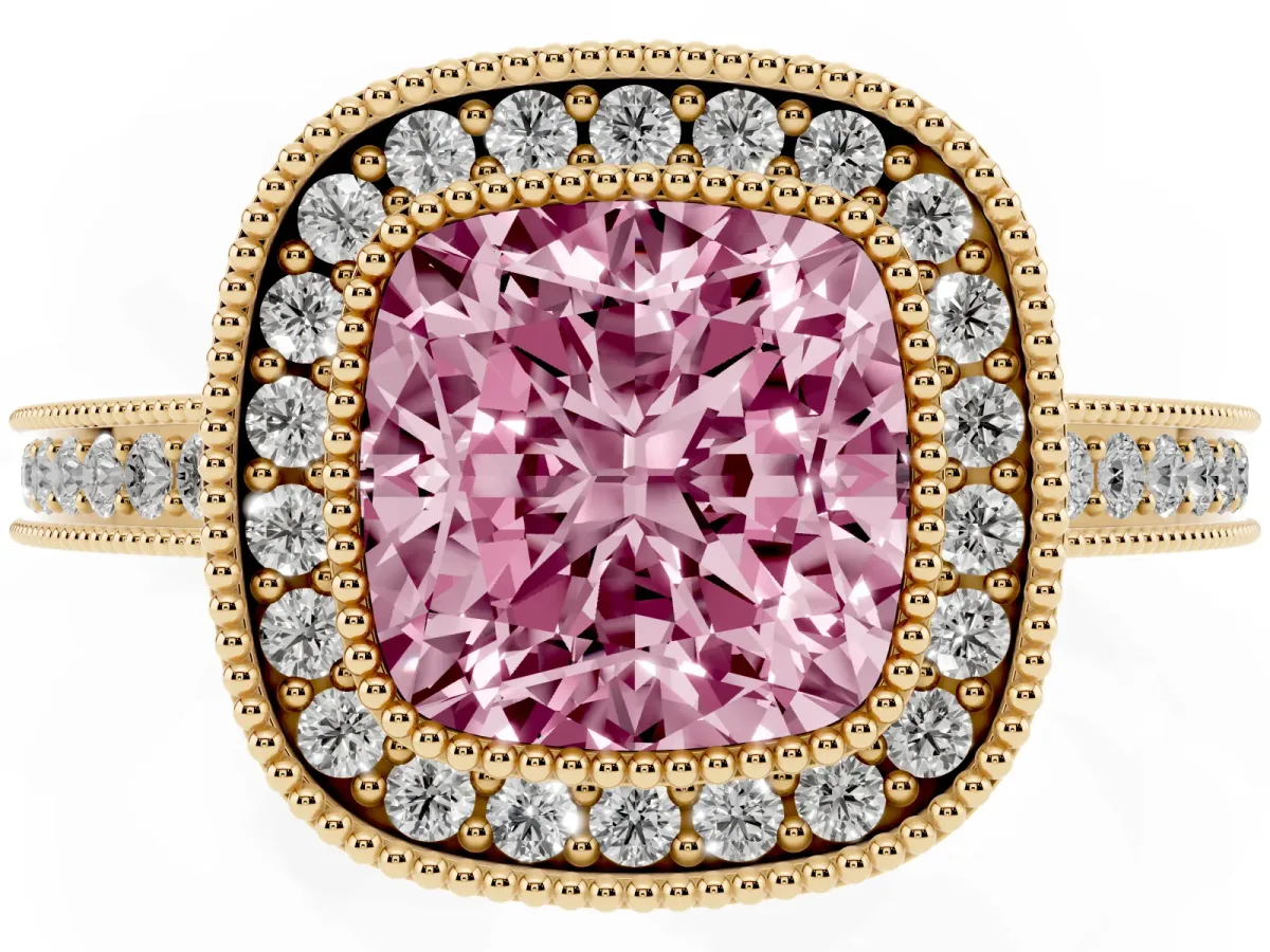 Fancy Pink Cushion Cut Cut Halo Diamond Ring with Pavé Band and Milgrain Prong Setting Yellow gold