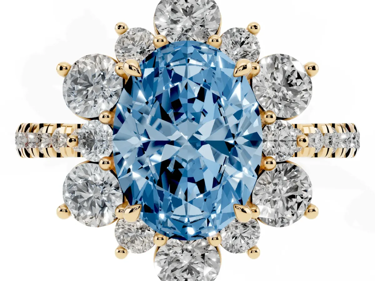 Fancy Blue Oval Cut Diamond Floral Halo Ring with Round Pavé Band and Prong Setting Yellow gold