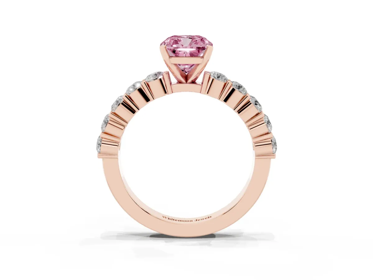 Fancy Pink Cushion Cut Diamond Solitaire Ring with Shared Prong Round Side Stones Rose gold
