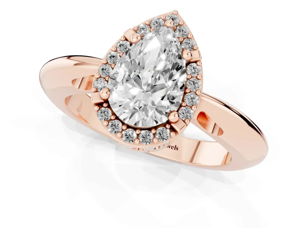 Pear Cut Cut Diamond Halo Engagement Ring with Split Shank and Four-Prong Setting Rose gold