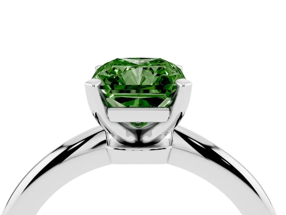 Fancy Green Radiant Cut Diamond Solitaire Ring with Prong Setting and Classic Band Silver