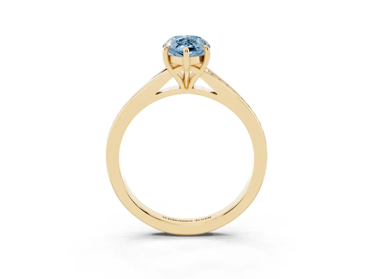 Fancy Blue Marquise Cut Diamond Solitaire Ring with Pavé Band and Prong Setting Yellow gold