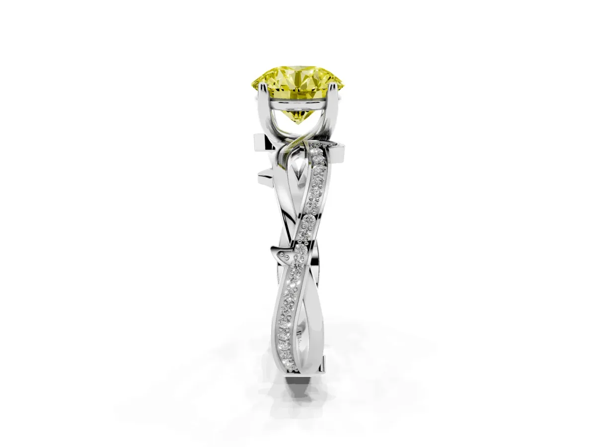 Fancy Yellow Round Cut Solitaire Twist Band with Pavé Accents and Four-Prong Setting White gold