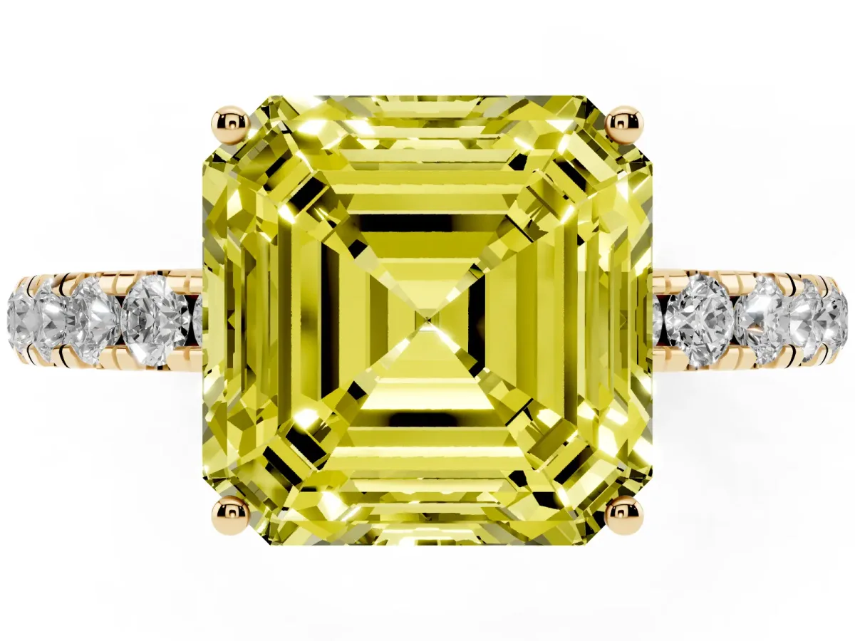 Fancy Yellow Asscher Cut Diamond Pavé Solitaire Engagement Ring with Four-Prong Setting Yellow gold