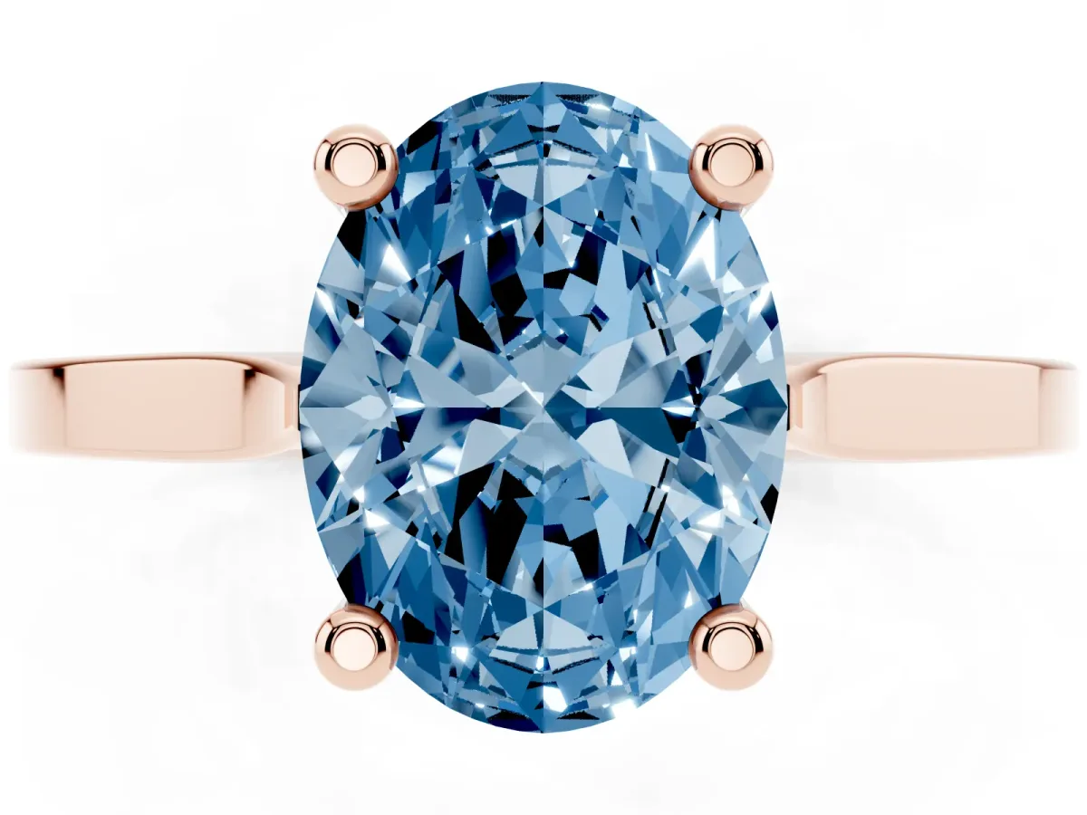 Fancy Blue Oval Cut Solitaire Diamond Ring with Four-Prong Setting and Tapered Band Rose gold