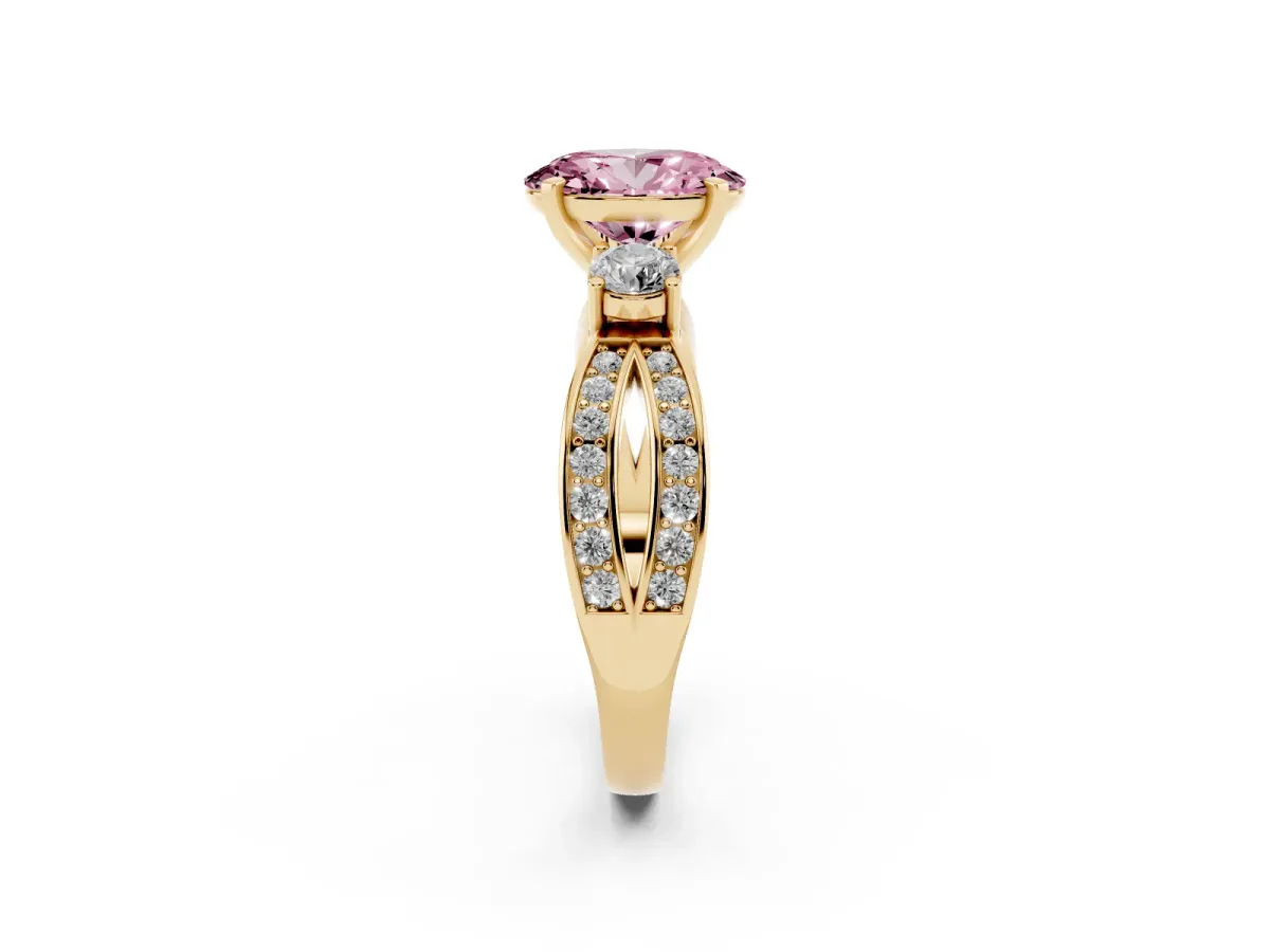 Fancy Pink Three-Stone Oval Cut Cut Diamond Twist Band with Prong Setting Yellow gold