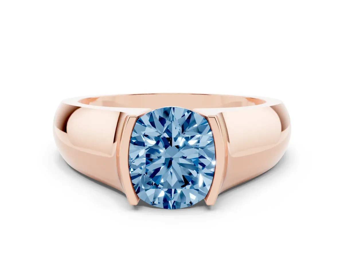 Fancy Blue Round Cut Solitaire Bezel Set Diamond Ring with Wide Band Rose gold