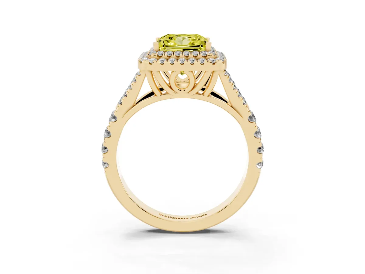 Fancy Yellow Princess Cut Cut Double Halo Split Shank Diamond Ring with Prong Setting Yellow gold