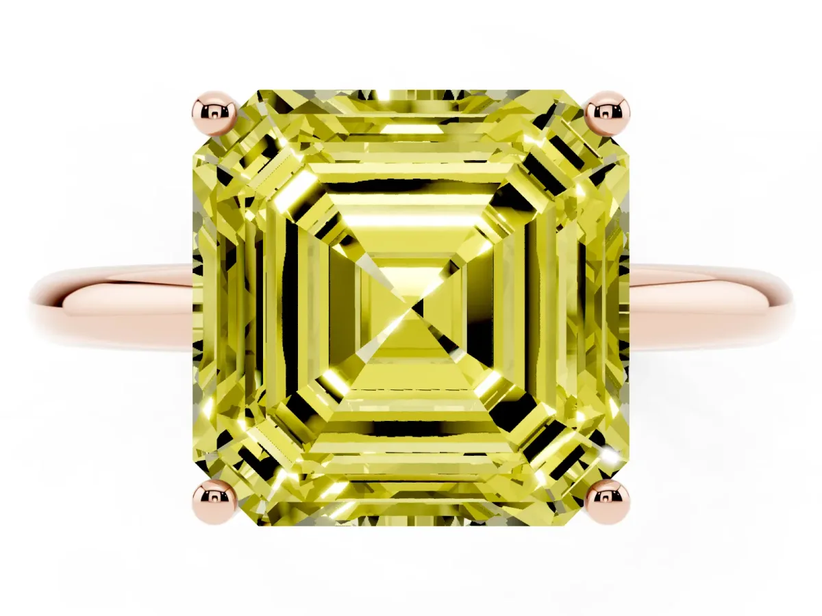 Fancy Yellow Asscher Cut Cut Solitaire Engagement Ring with Four-Prong Setting and Classic Band Rose gold
