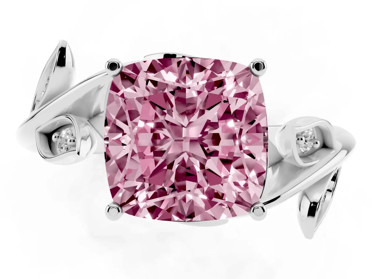 Fancy Pink Cushion Cut Solitaire Twist Engagement Ring with Leaf Accents and Prong Setting Platinum