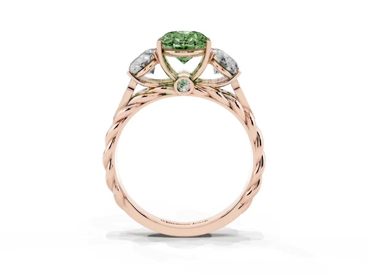 Fancy Green Three-Stone Oval Cut Diamond Braided Band Ring with Four-Prong Setting Rose gold