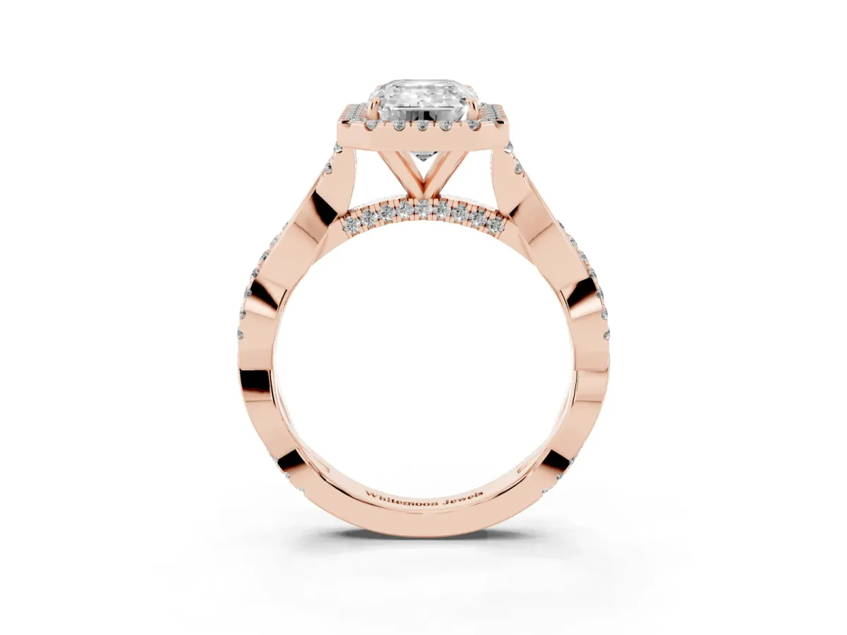 Emerald Cut Halo Twist Band Solitaire Ring Rose gold