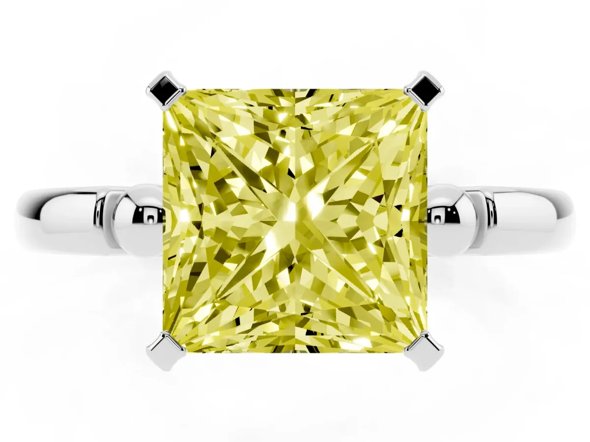 Fancy Yellow Princess Cut Solitaire Beaded Band with Four-Prong Setting Platinum