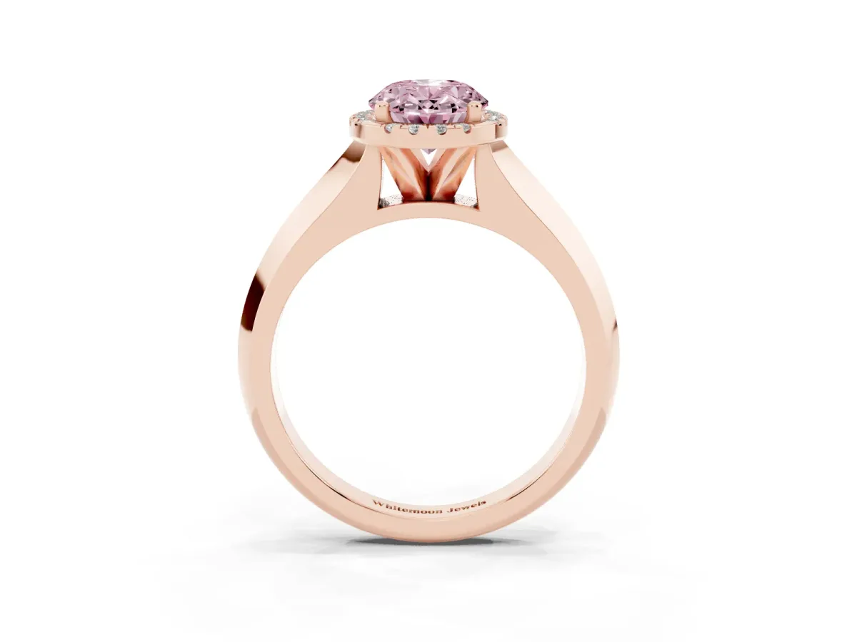 Fancy Pink Oval Cut Halo Diamond Ring with Cathedral Band and Four-Prong Setting Rose gold