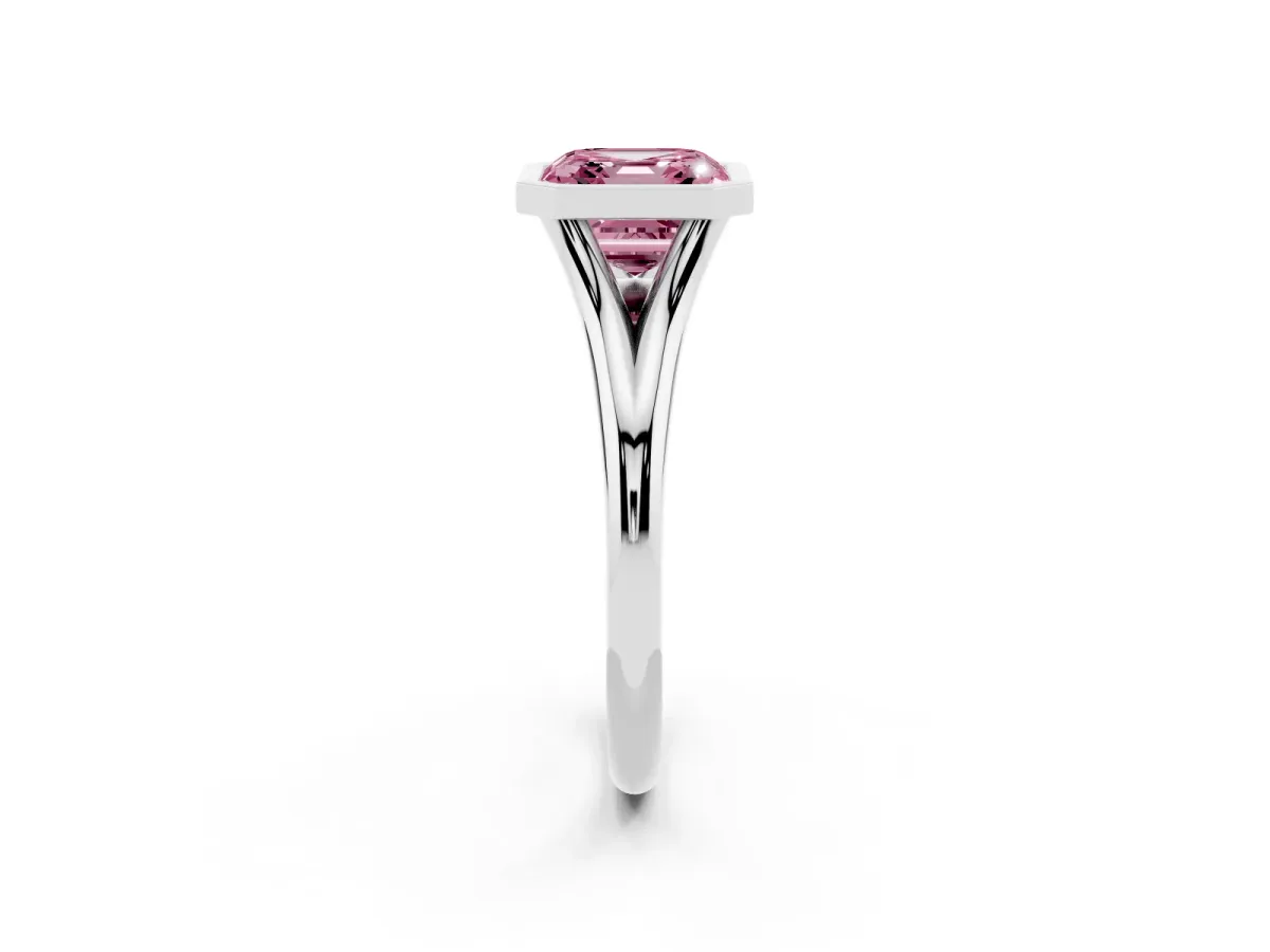 Fancy Pink Bezel Set Asscher Cut Cut Solitaire Ring with Tapered Band Silver