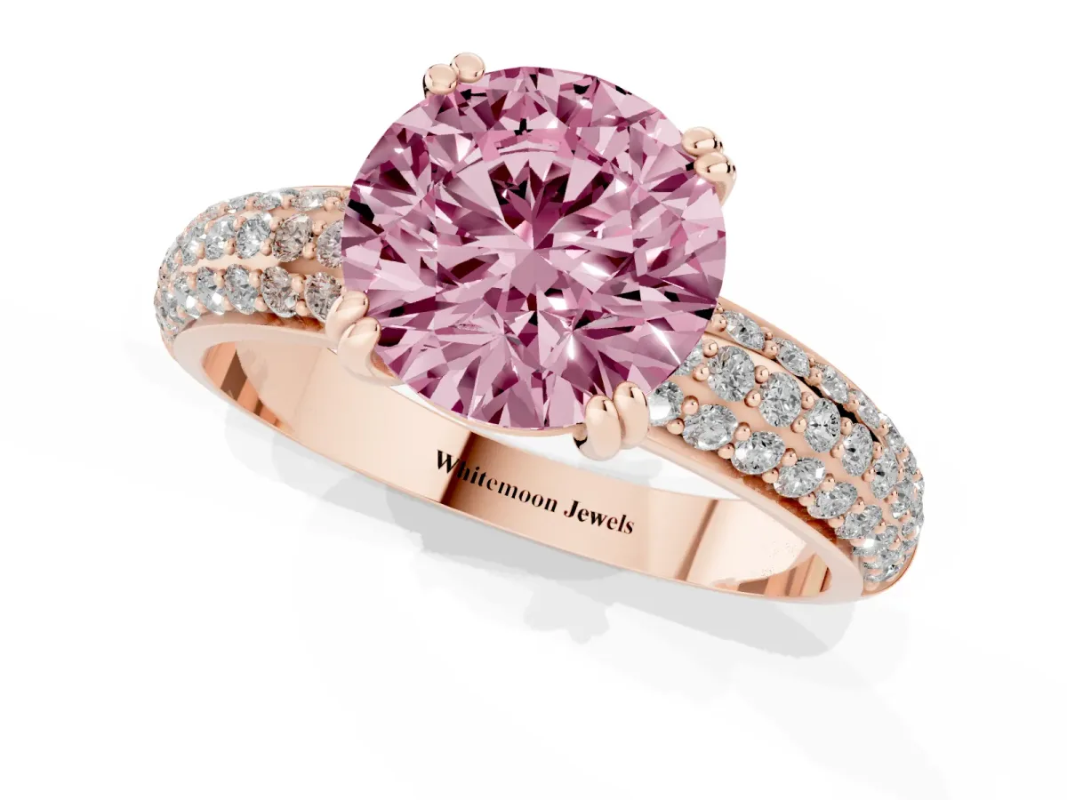 Fancy Pink Round Cut Diamond Solitaire Ring with Multi-Row Round Pavé Band and Prong Setting Rose gold