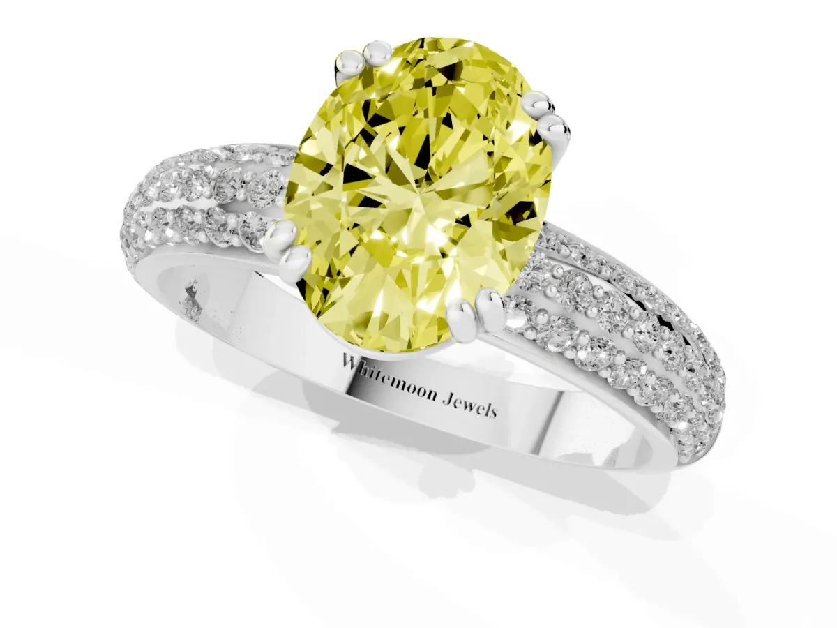Fancy Yellow Oval Cut Diamond Solitaire Ring with Multi-Row Round Pavé Band and Prong Setting Silver