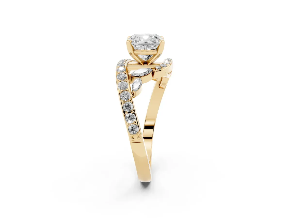 Cushion Cut Solitaire with Pavé Twist Band and Four-Prong Setting Yellow gold