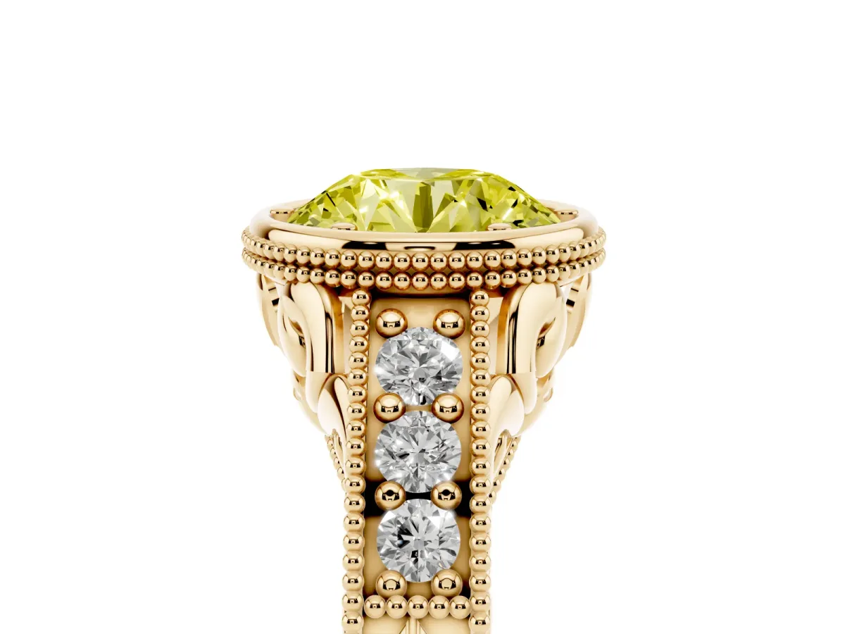 Fancy Yellow Bezel Set Round Cut Diamond Milgrain Pave Engagement Ring Yellow gold