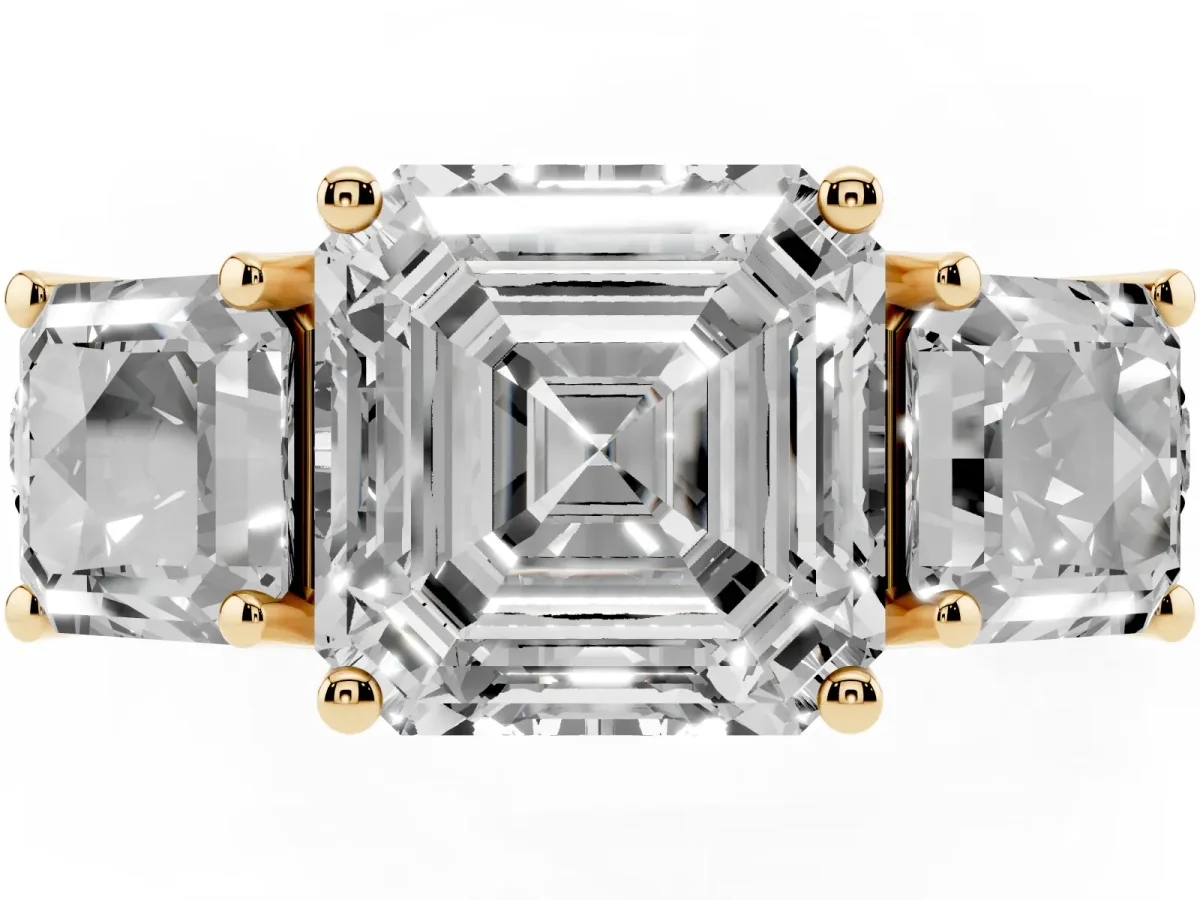 Three-Stone Asscher Cut Diamond Pavé Band with Prong Setting Yellow gold