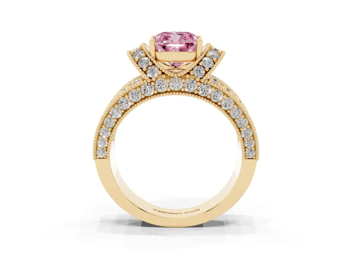 Fancy Pink Cushion Cut Halo Pave Diamond Engagement Ring with Milgrain Detailing Yellow gold