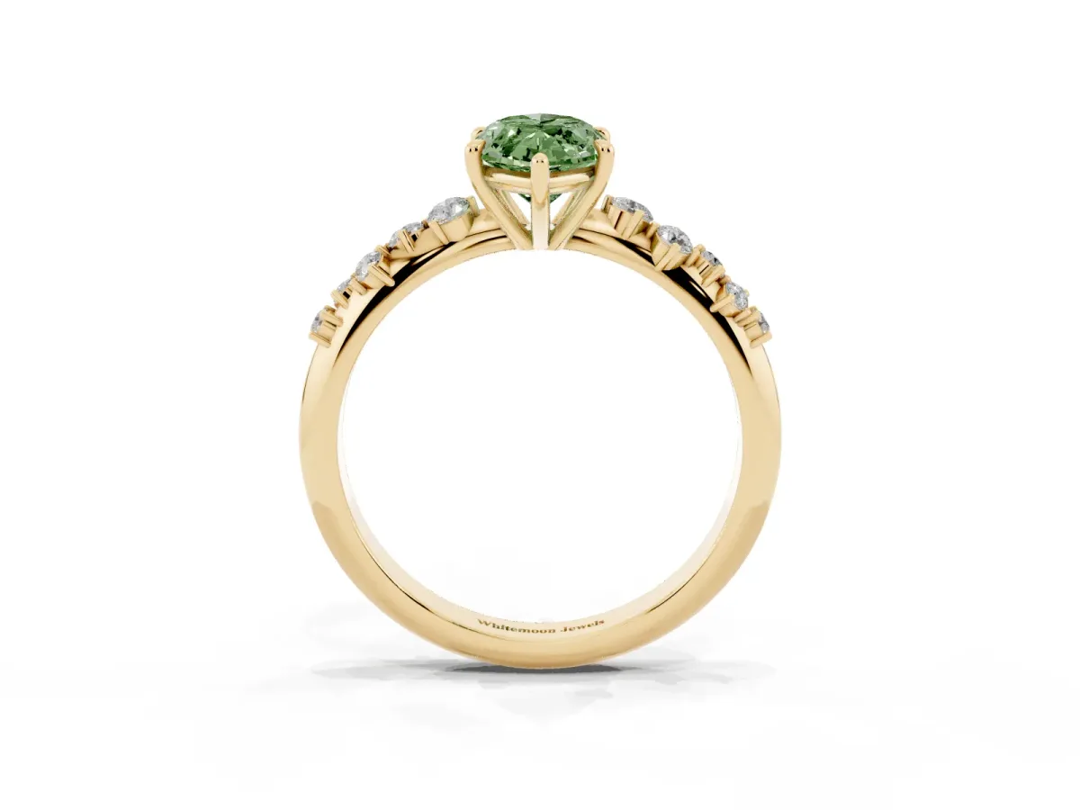 Fancy Green Marquise Cut Diamond Cluster Side Stone Solitaire Ring with Prong Setting Yellow gold