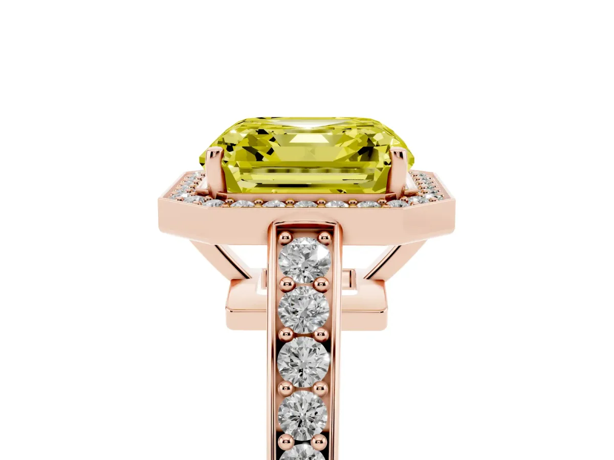 Fancy Yellow Asscher Cut Halo Pavé Diamond Engagement Ring with Bezel Setting Rose gold
