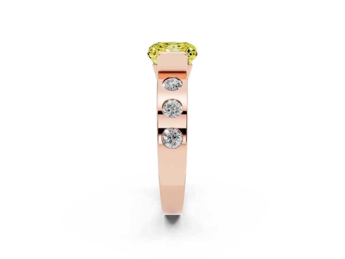 Fancy Yellow Princess Cut Brilliant Channel-Set Diamond Ring with Bezel Prong Setting Rose gold