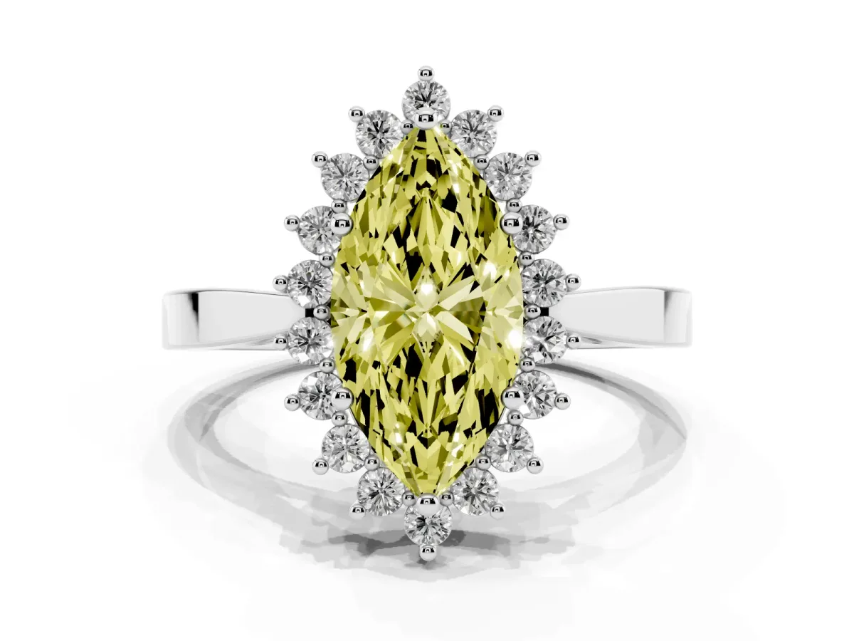 Fancy Yellow Marquise Cut Cut Diamond Halo Ring with Round Brilliant Halo and Solitaire Band Platinum