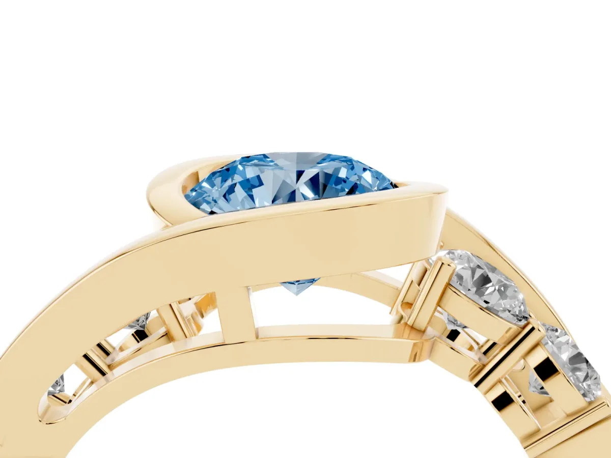 Fancy Blue Bezel Set Round Cut Diamond Bypass Ring with Round Accents Yellow gold