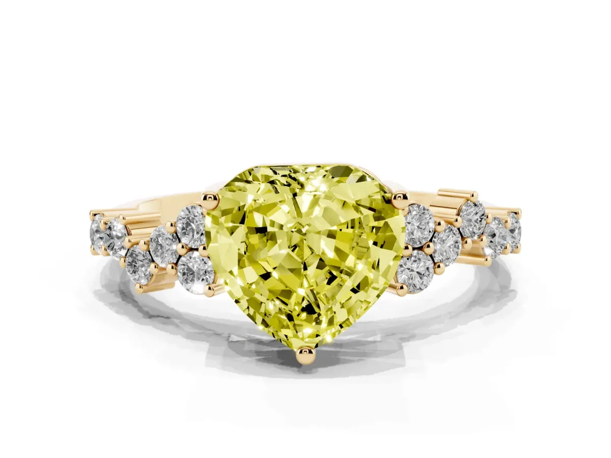 Fancy Yellow Heart Cut Diamond Scattered Round Accent Ring with Prong Setting Yellow gold